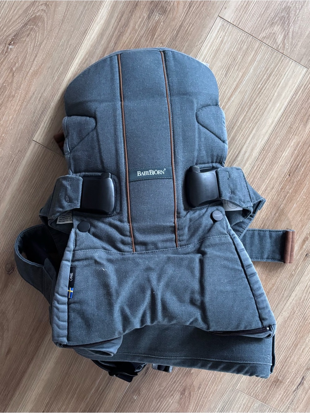 Baby Bjorn Carrier One Woven Mix Denim grey and brown euc